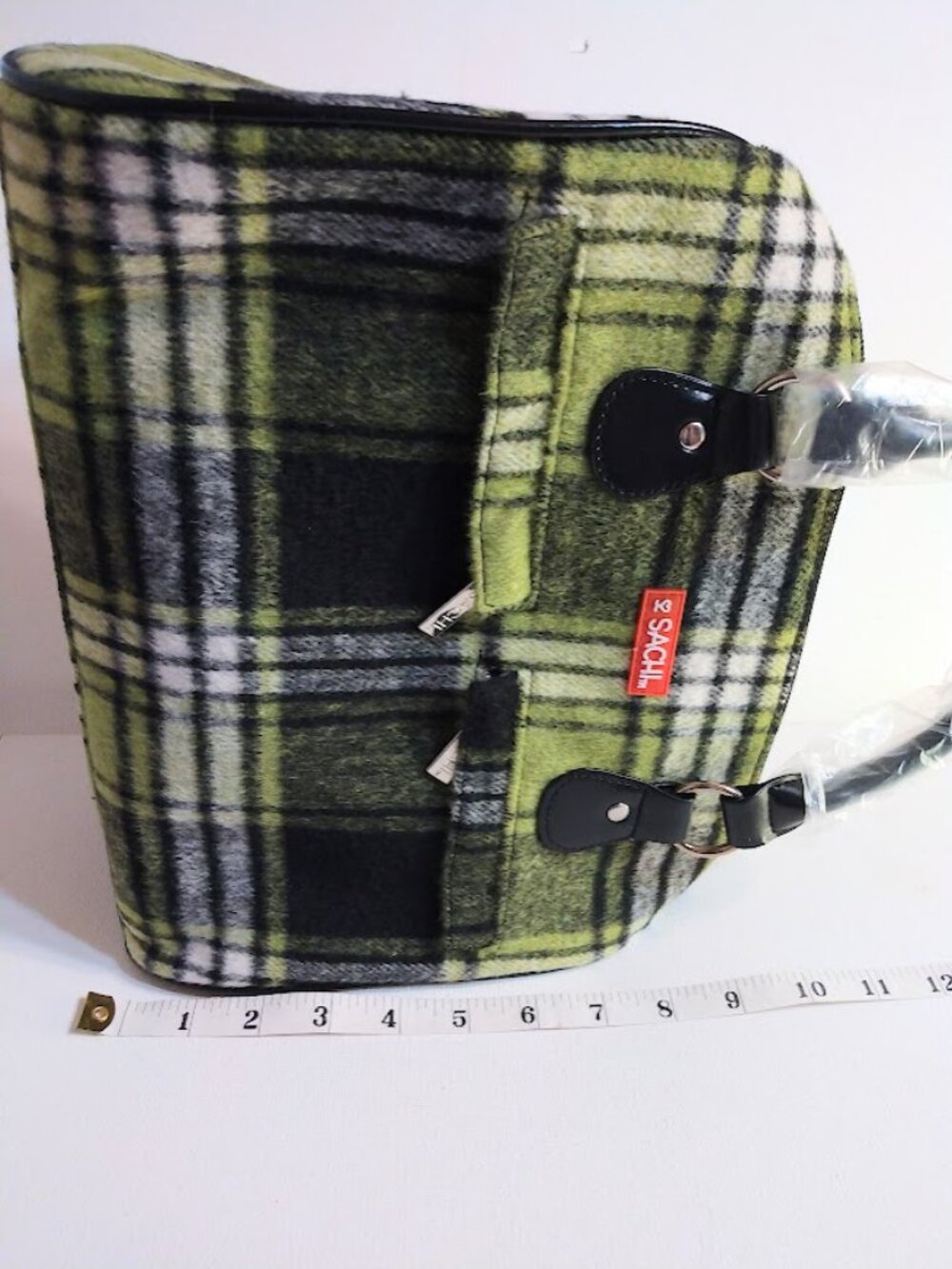SACHI Insulated Lunch Tote Bag Purse Plaid Green Black Flannel Top Handles NEW - Picture 8 of 9